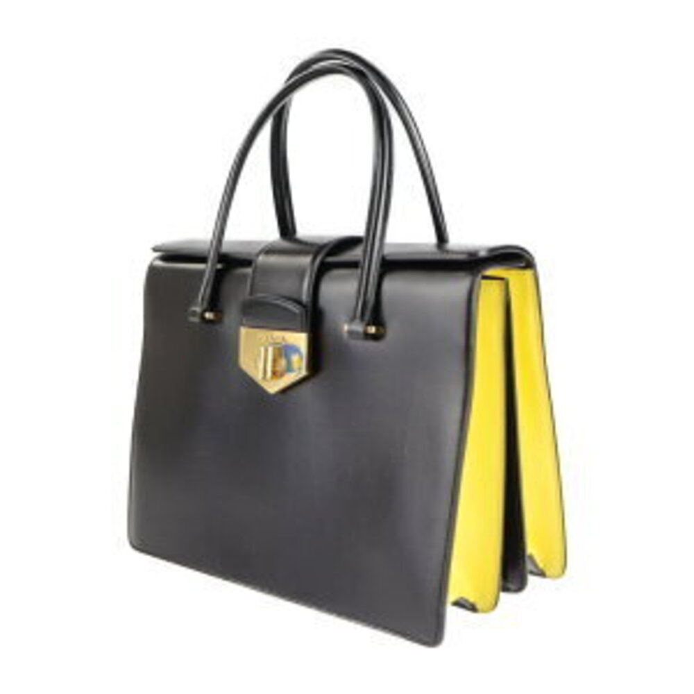 PRADA Turnlock handbag black calf leather yellow - Picture 2 of 9